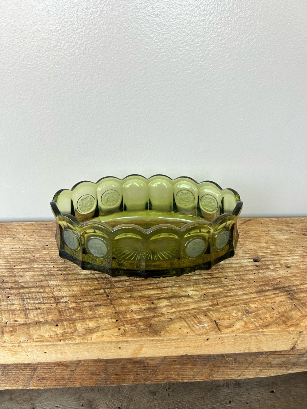 FOSTORIA Olive/Avocado Green Oval Coin Glass 9” Bowl Liberty Bell Vintage
